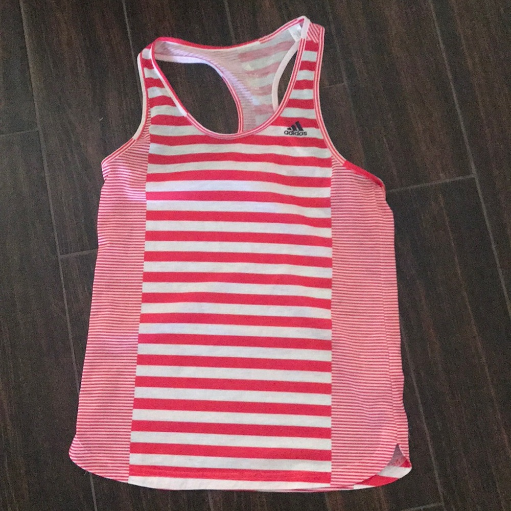 Small pink and white striped adidas workout tank